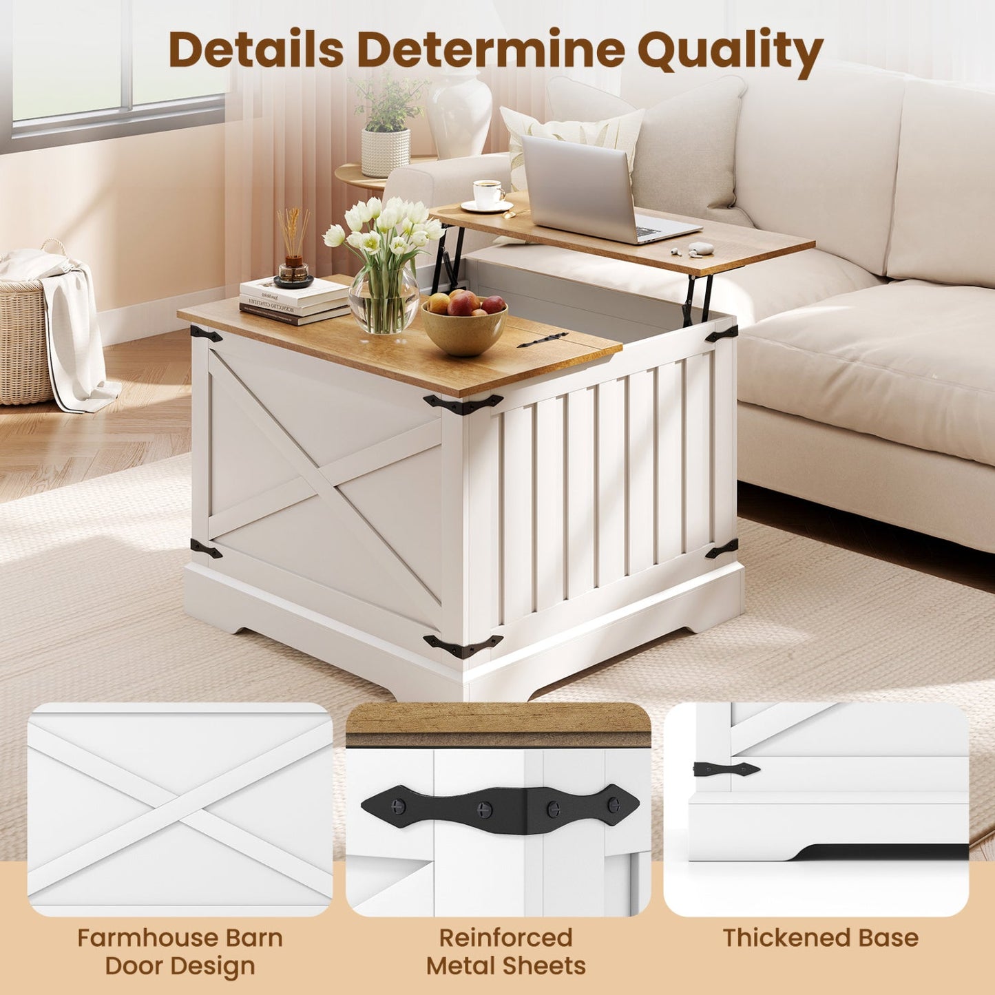 Farmhouse lift-top coffee table with hidden storage, white base, wood top DirectDeals on Tampa Home & Garden Store