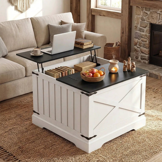 Farmhouse lift-top coffee table with storage in white base and black top by DirectDeals on Tampa Home & Garden Store