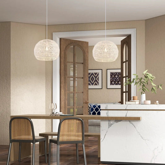 Round farmhouse rattan pendant lights with rope, two beige woven globes, DirectDeals on Tampa Home & Garden Store