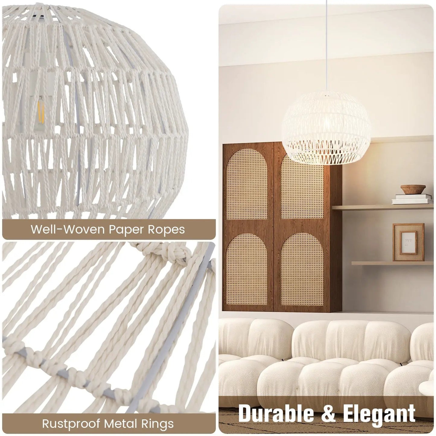Round Farmhouse Rattan Pendant Lights with Adjustable Hanging Rope-Beige - Tampa Home & Garden Store