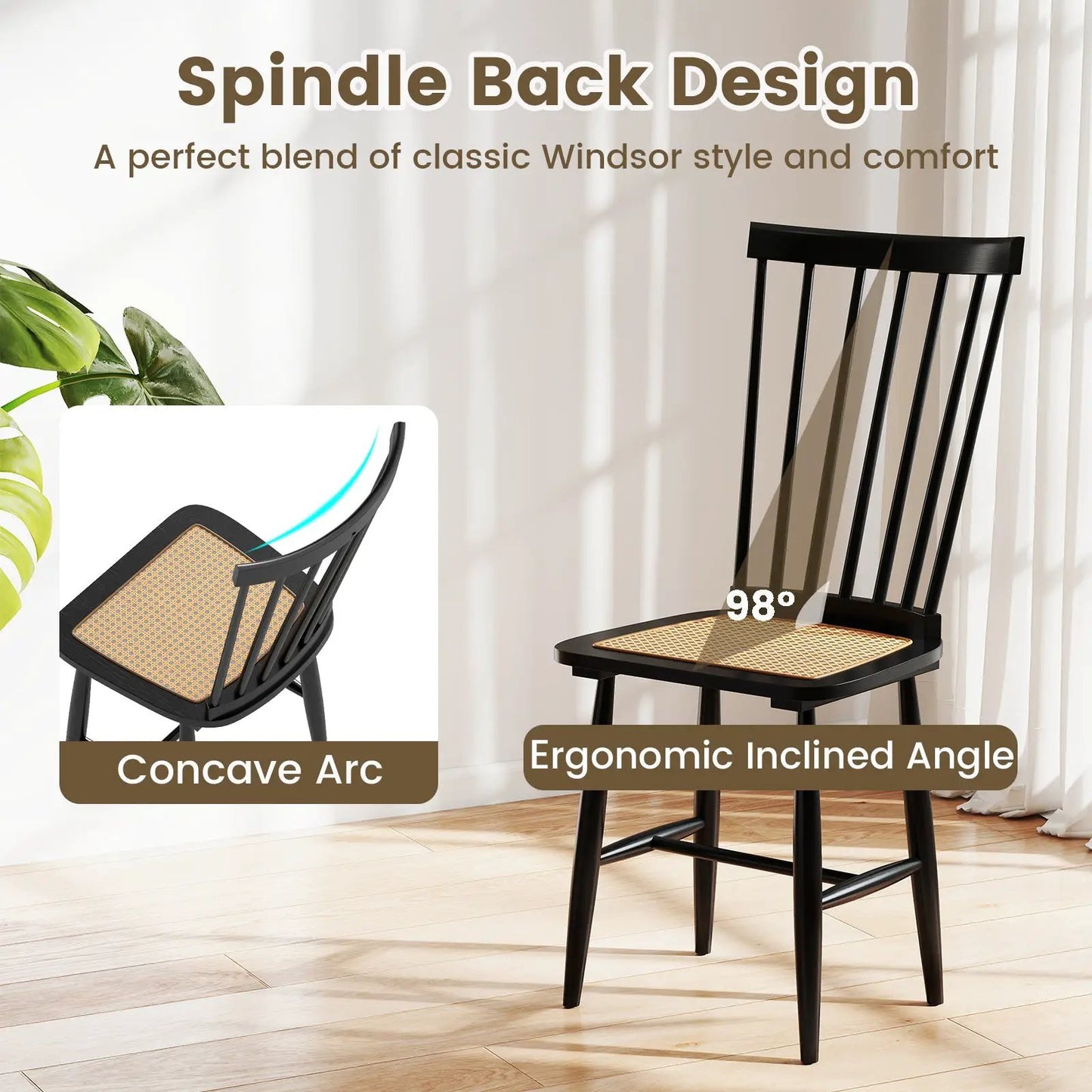 Farmhouse rubberwood dining chairs set of 2 in black with spindle back and cane seats on Tampa Home & Garden Store