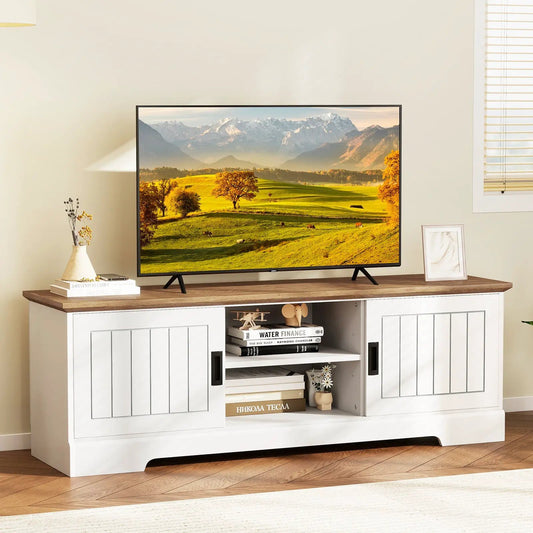 White farmhouse TV stand for 65 inch TVs with cabinet doors and open shelves DirectDeals on Tampa Home & Garden Store