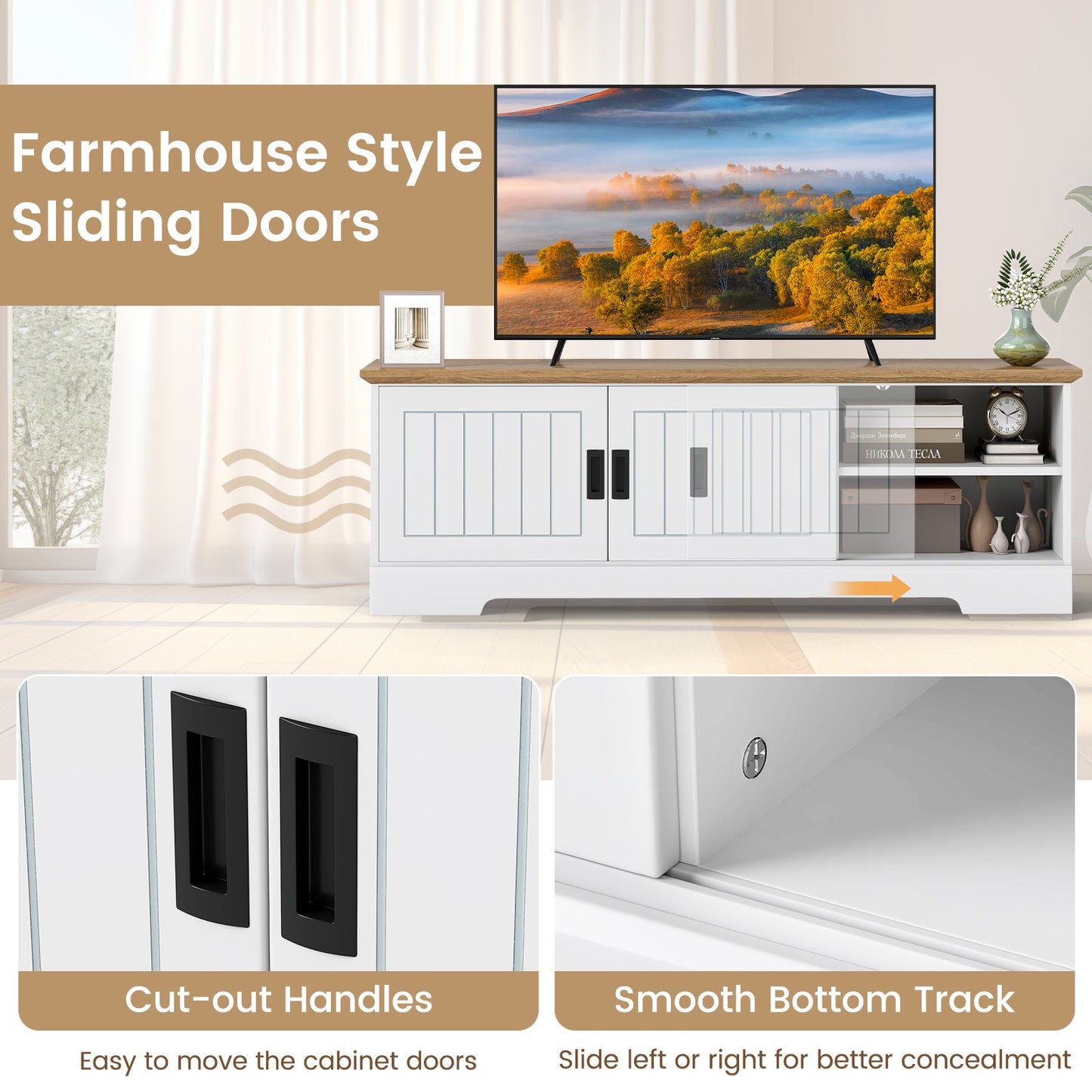 Farmhouse style TV stand for 65 inch TVs with sliding doors white cabinet and wood top on Tampa Home & Garden Store