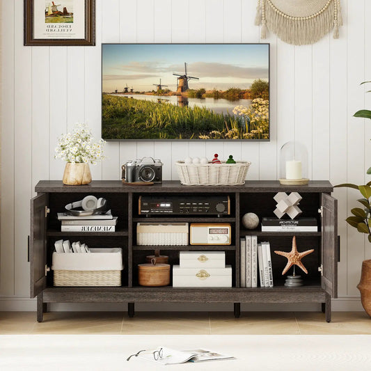 Farmhouse TV stand for 65-inch TVs, gray finish with 2 cabinets and open shelves on Tampa Home & Garden Store