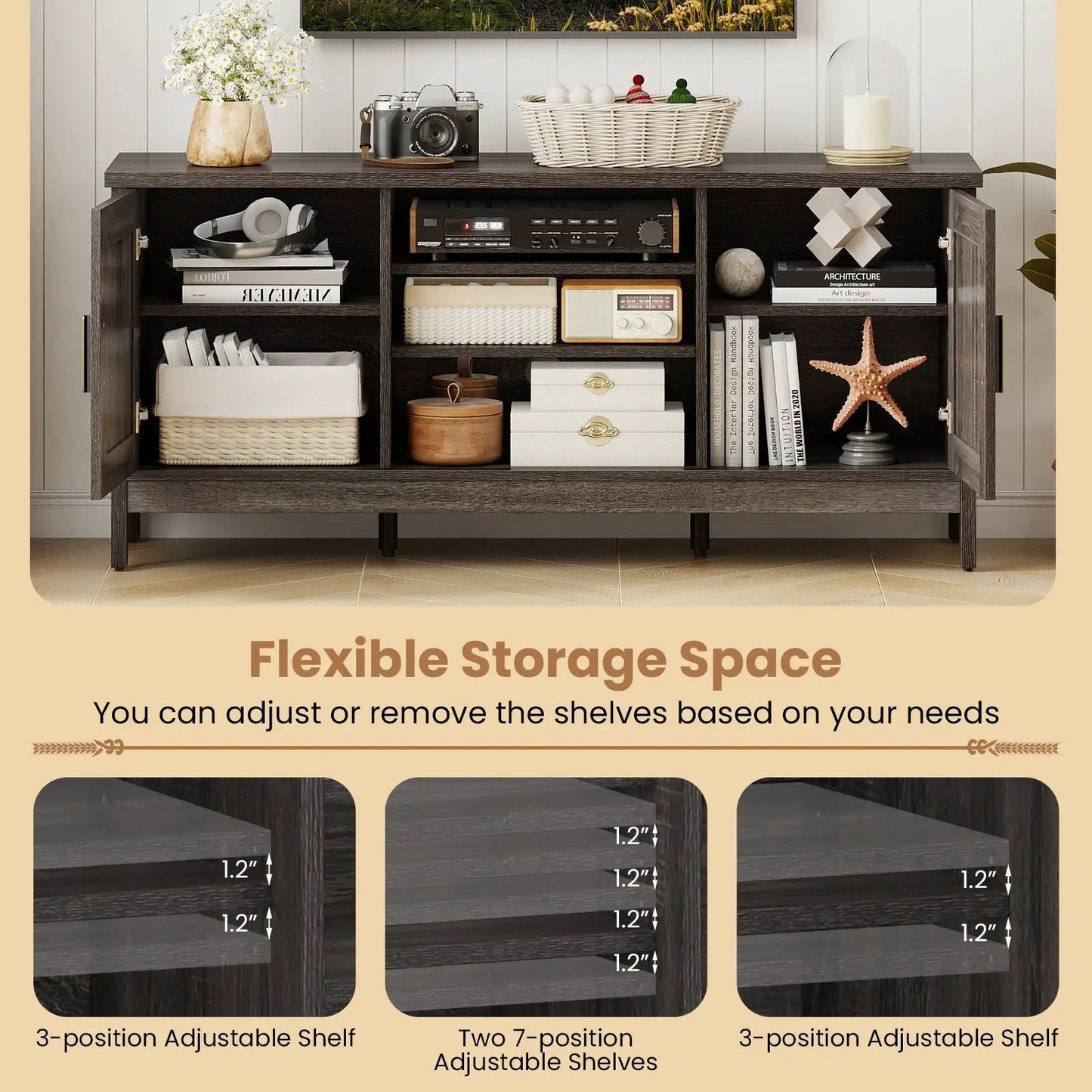 Farmhouse TV Stand for 65-Inch TVs, gray with 2 cabinets and adjustable shelves, DirectDeals on Tampa Home & Garden Store
