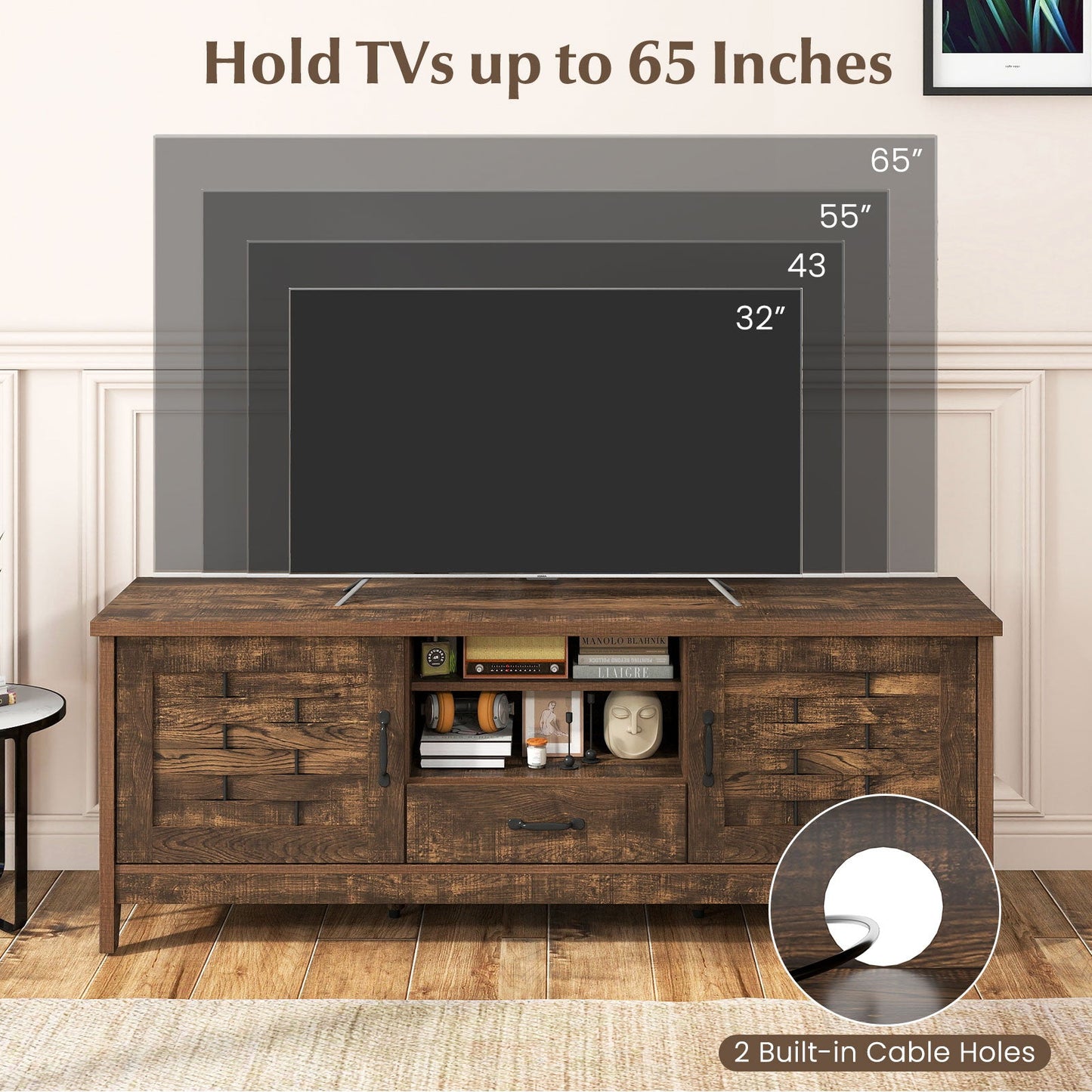 Farmhouse TV Stand for 65 inch TVs with storage, dark wood finish, 2 built-in cable holes on Tampa Home & Garden Store