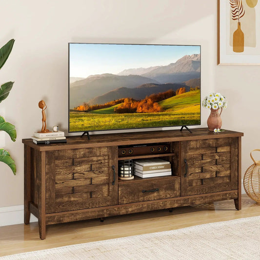 DirectDeals farmhouse TV stand for 65 inch TVs with storage, dark wood finish open cubby on Tampa Home & Garden Store