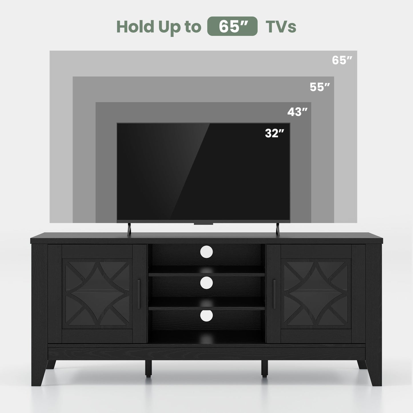 Mueble de TV estilo granja para televisores de hasta 65 pulgadas con 4 estantes ajustables - Negro