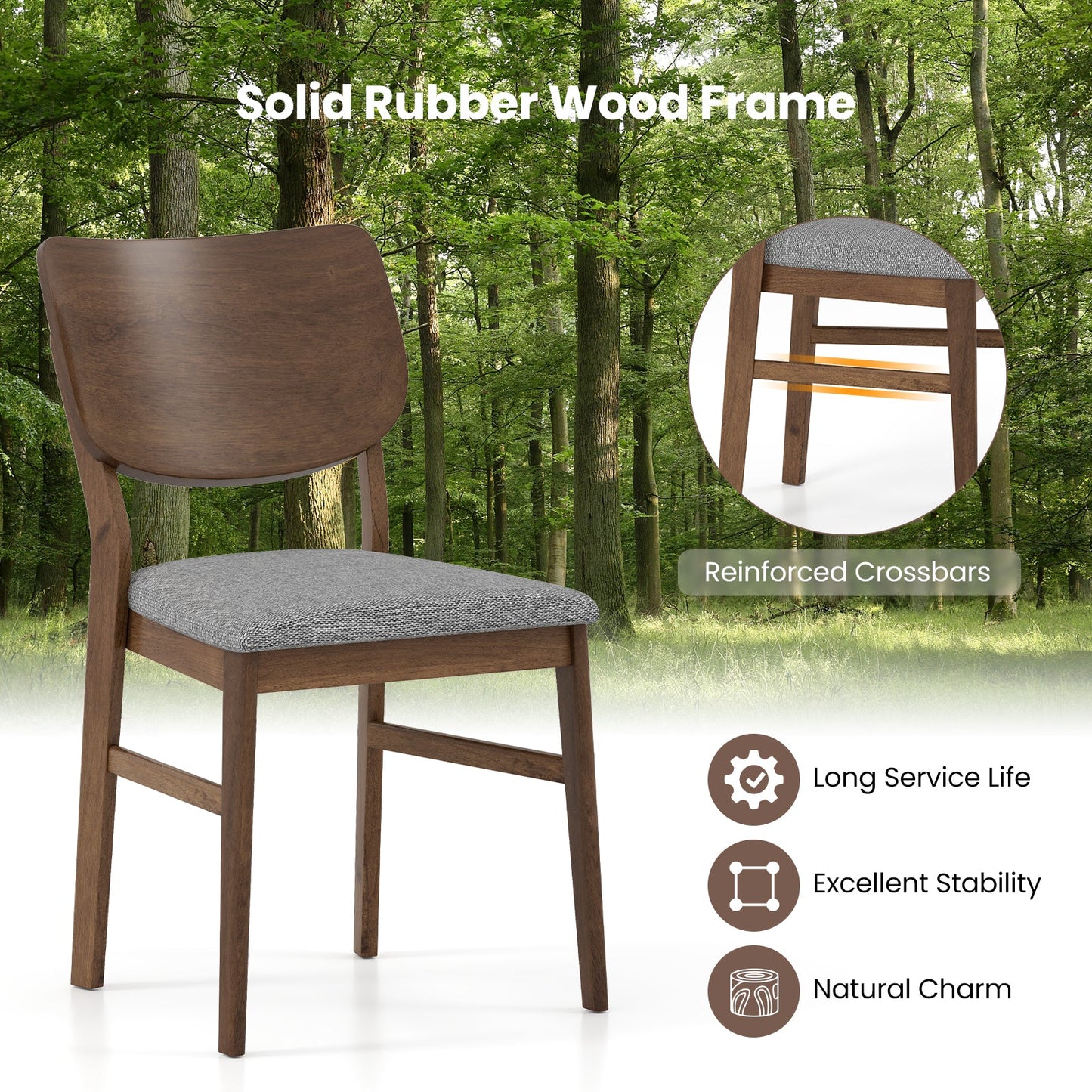 Farmhouse Upholstered Kitchen Chairs Set of 2 with Rubber Wood Frame-Gray