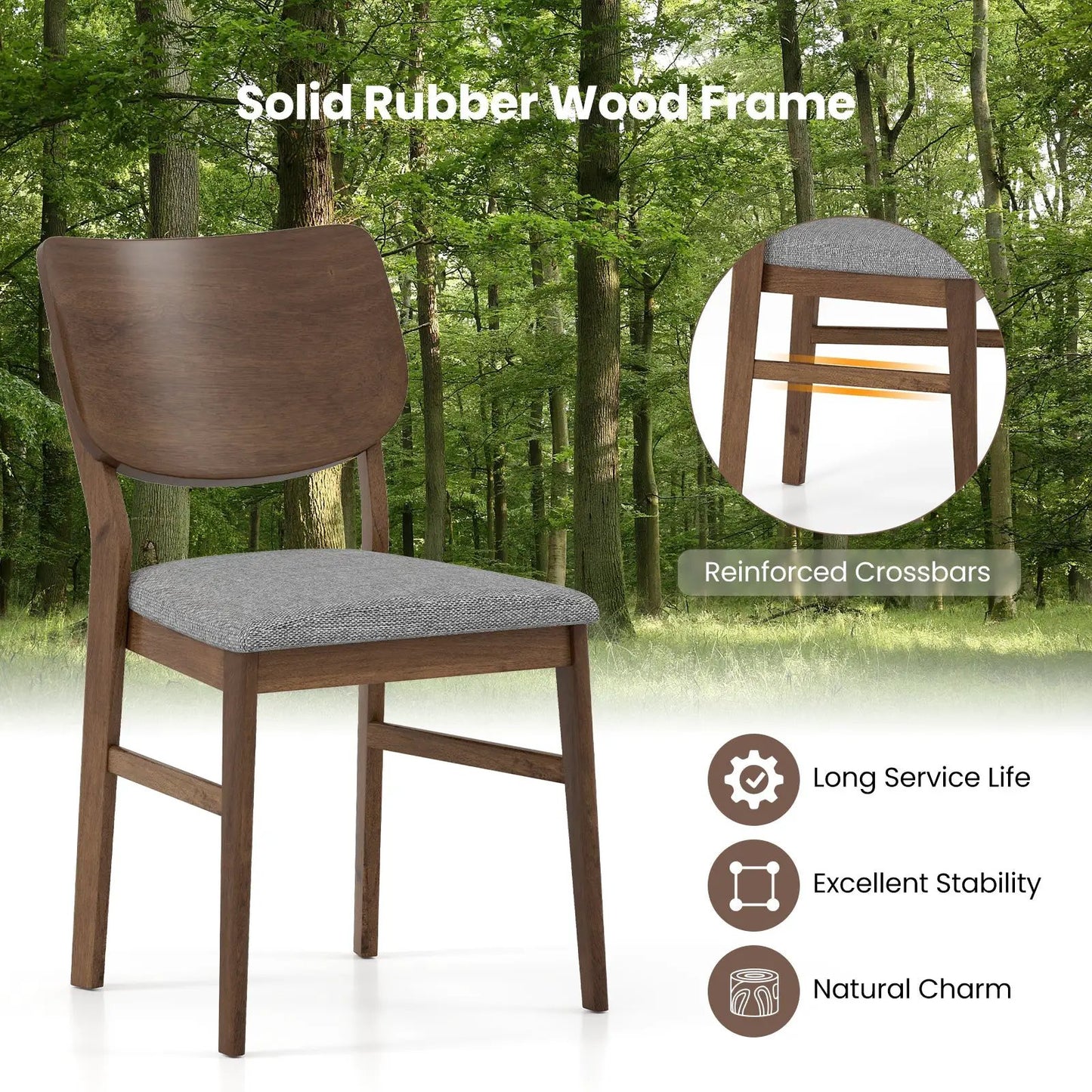 Farmhouse Upholstered Kitchen Chairs Set of 2 with rubber wood frame and gray fabric seats on Tampa Home & Garden Store