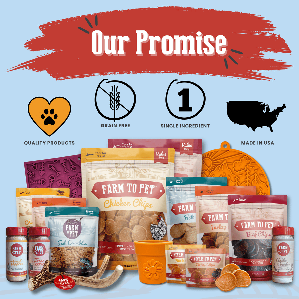 Chicago Chicken Chips for Dogs chip by Farm To Pet, colorful dog treats collage on Tampa Home & Garden Store