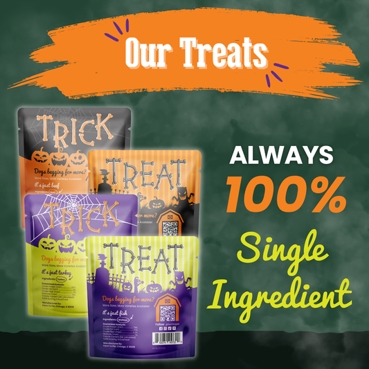 Farm To Pet Halloween Dog Treat Snack Pack Bundle, 5 spooky Halloween-themed pouches on Tampa Home & Garden Store