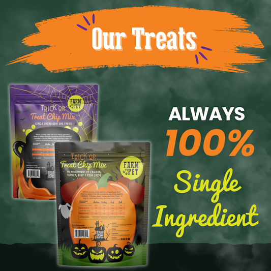 Trick or Treat Chip Mix dog treats by Farm To Pet in Halloween purple packaging on Tampa Home & Garden Store