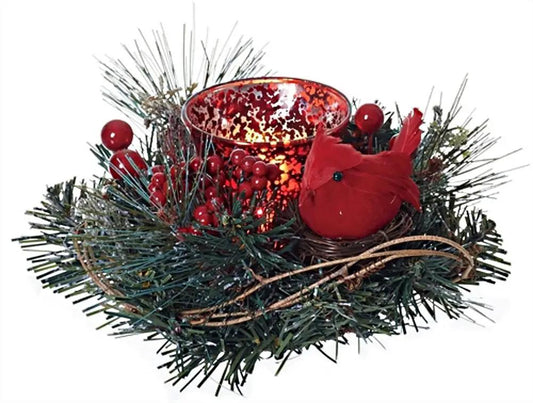 Faux Pine Candle Ring with Red Cardinal and Berries, 1 pc, The Country Christmas Loft on Tampa Home & Garden Store
