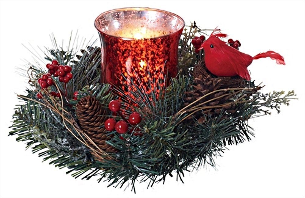 Faux Pine Candle Ring with Berries and Cardinal around a red glass hurricane on Tampa Home & Garden Store