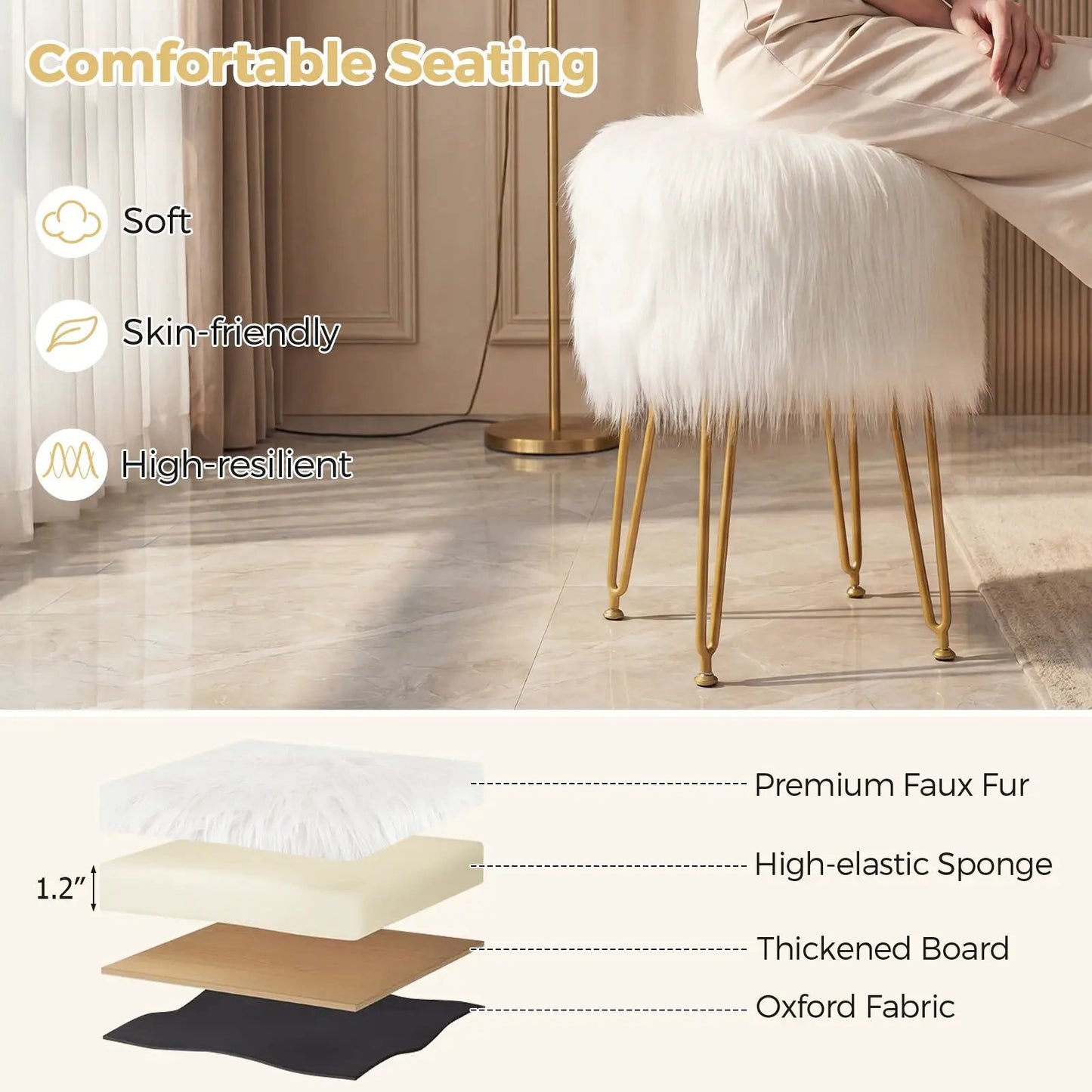 Faux fur vanity stool with gold metal legs, white plush seat on Tampa Home & Garden Store