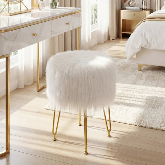 Faux fur vanity stool chair with gold metal legs and white fluffy seat on Tampa Home & Garden Store