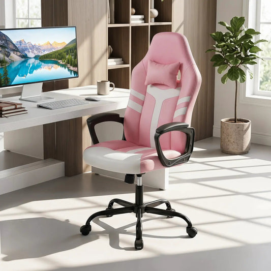 Ergonomic gaming chair pink and white with removable head pillow and rocking, DirectDeals on Tampa Home & Garden Store