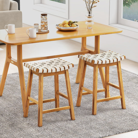 Faux PU Leather Bar Stools Set of 2 with Woven Curved Seat Natural-25.5 inches - Tampa Home & Garden Store