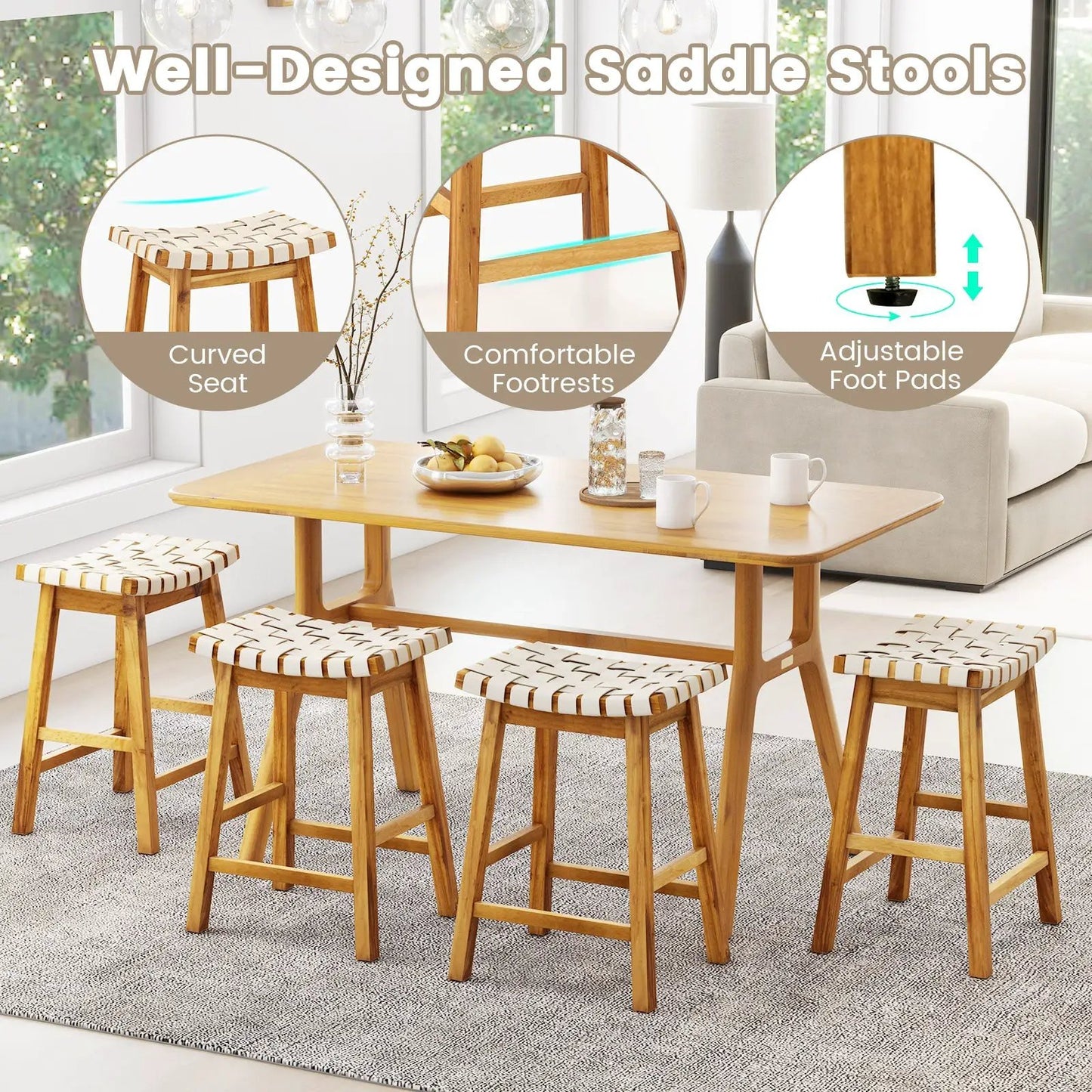 PU leather bar stools set of 2 with woven curved seats in natural wood finish on Tampa Home & Garden Store