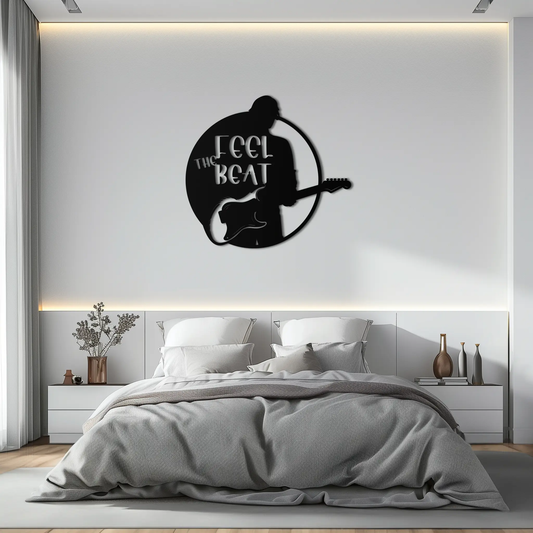 Feel the Beat metal wall art black guitarist silhouette inside a circle with Enova Art on Tampa Home & Garden Store