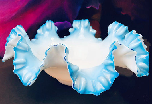 Fenton Blue Opalescent Glass Bowl with Ruffled Rim. Vintage Large Glass Bowl. - Tampa Home & Garden Store