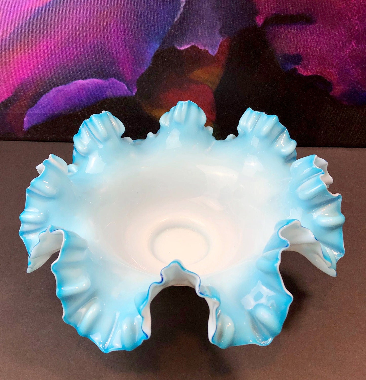 Fenton Blue Opalescent Glass Bowl with Ruffled Rim. Vintage Large Glass Bowl. - Tampa Home & Garden Store