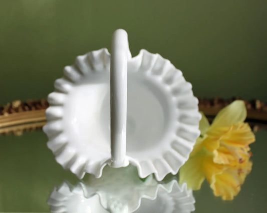Fenton Crystal Basket. Milk Glass Hobnail Pattern Basket with Ruffled Rim. Colectible Home or Wedding Milk Glass. - Tampa Home & Garden Store