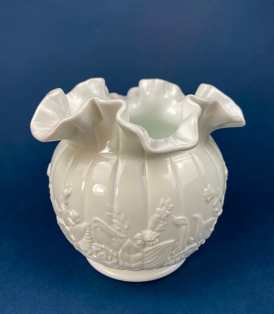 Fenton Milk Glass Vase. Vase with Embossed Wild Flowers and Ruffled Edge. White Bedroom Decor. Collectible Milk Glass. - Tampa Home & Garden Store