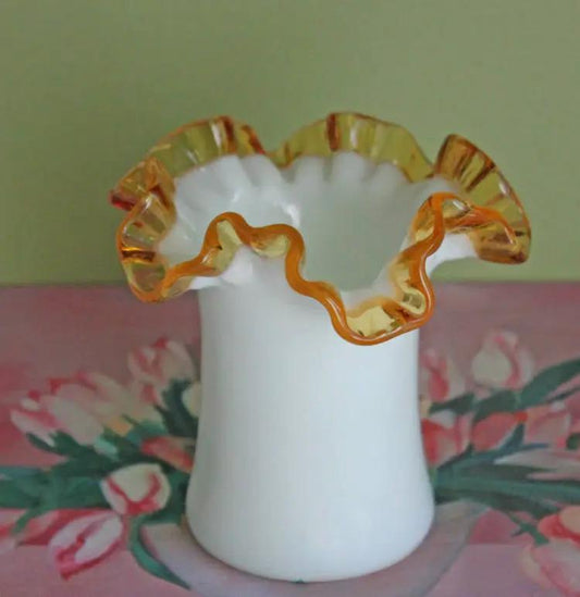 Fenton Milk Glass Vase or Jar with Clear Amber Crest Ruffled Edge - Tampa Home & Garden Store