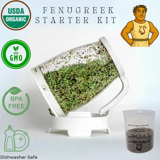 Sprout Spout Fenugreek Starter Kit white sprout jar with seeds and scoop BPA-free non-GMO on Tampa Home & Garden Store