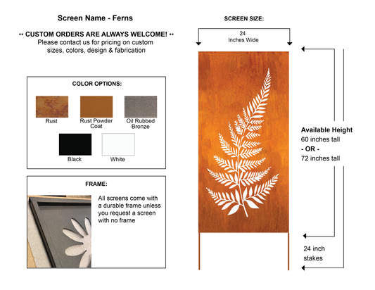 Outdoor metal privacy panel by Rustica Ornamentals in rust finish with fern motif; available 60 or 72 inches tall on Tampa Home & Garden Store
