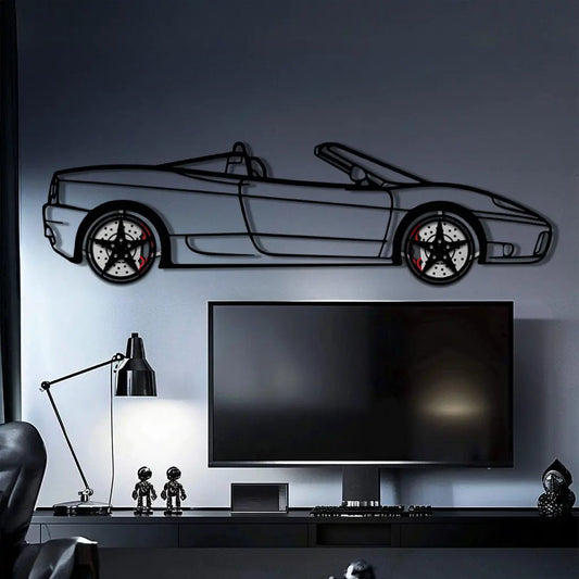 Ferrari 360 Spider metal car wall art by Enova Art, black line silhouette with red wheels on Tampa Home & Garden Store