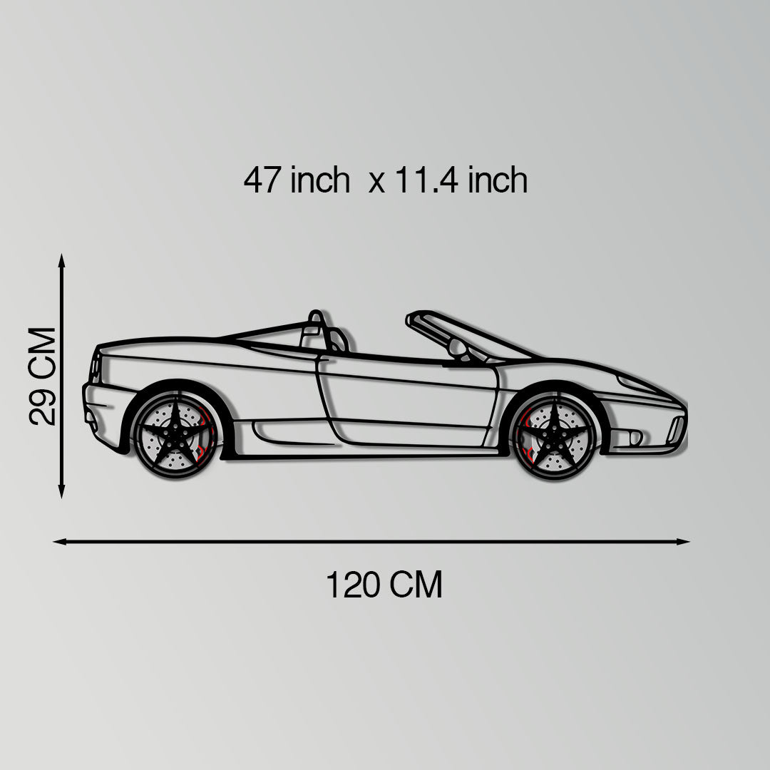 Ferrari 360 Spider metal wall art silhouette with wheels and red calipers on Tampa Home & Garden Store