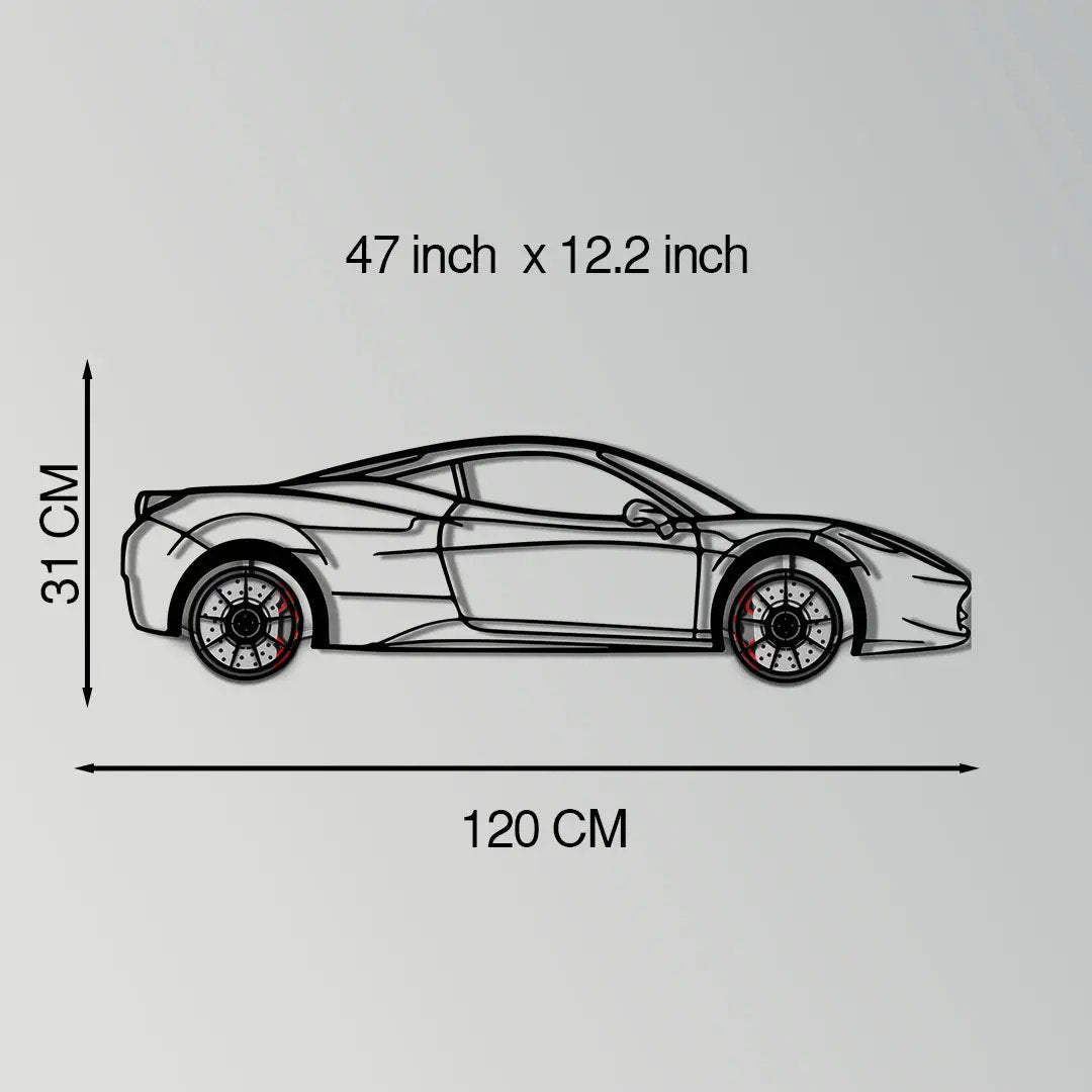 Ferrari 458 Italia metal wall art silhouette by Enova Art, black outline with red accents on Tampa Home & Garden Store