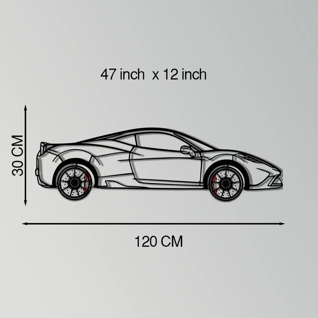 Ferrari 458 Speciale metal wall art with rotating wheels, side-profile silhouette on Tampa Home & Garden Store