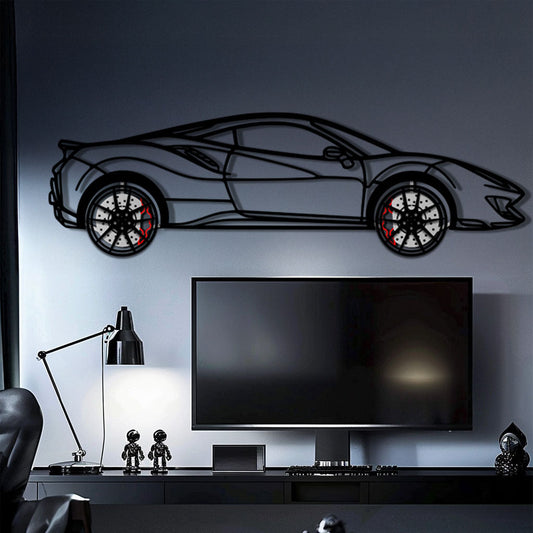 Ferrari 488 Pista Metal Car Wall Art with Rotating Wheels - Track-Focused Italian V8 Silhouette - Interactive Automotive Wall Decor - KAFMEKA128 - Tampa Home & Garden Store