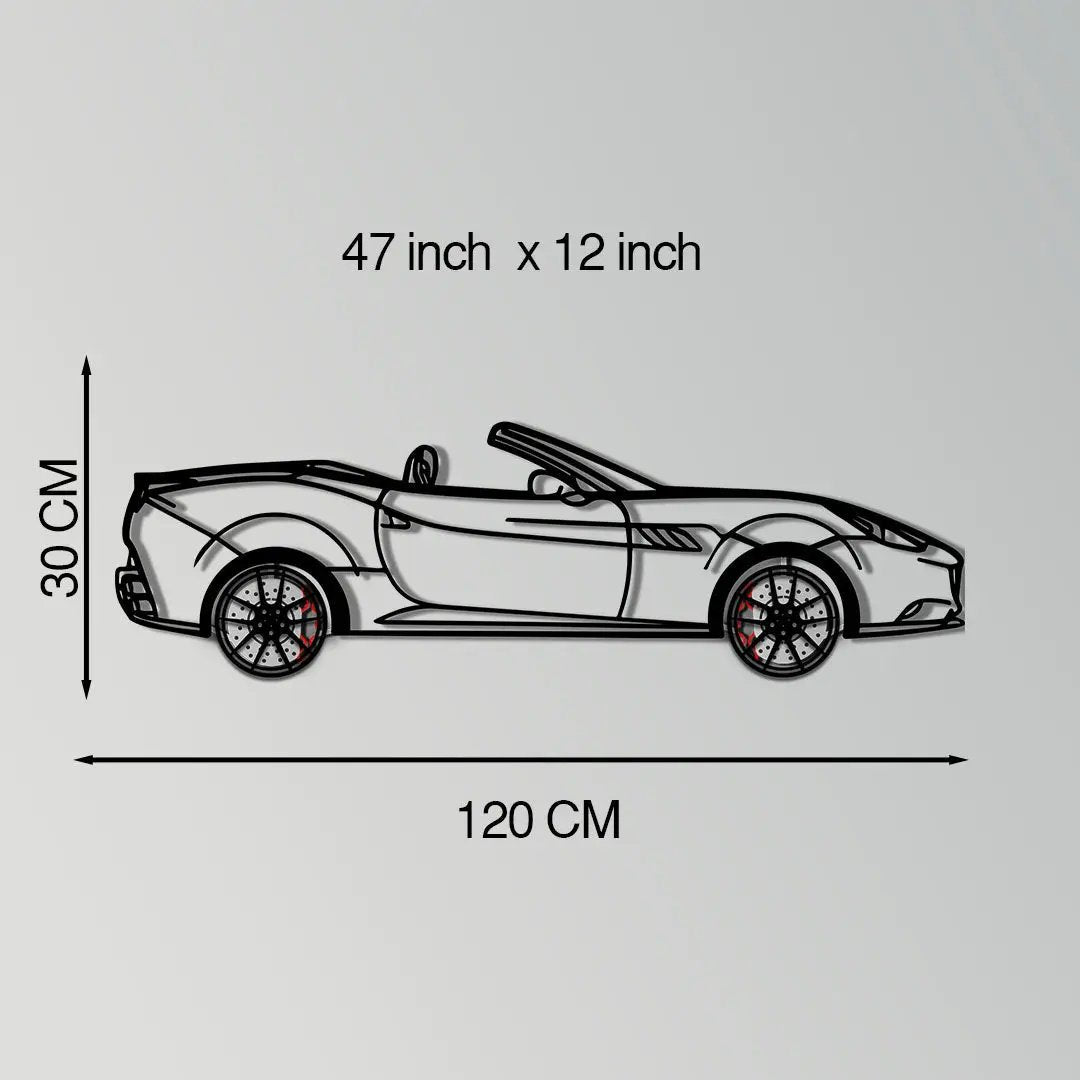 Ferrari California Metal Wall Art with rotating wheels, black line art on Tampa Home & Garden Store