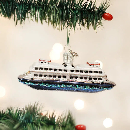 Ferry Boat Glass Ornament, white ship, black windows, glitter water, Country Christmas Loft on Tampa Home & Garden Store