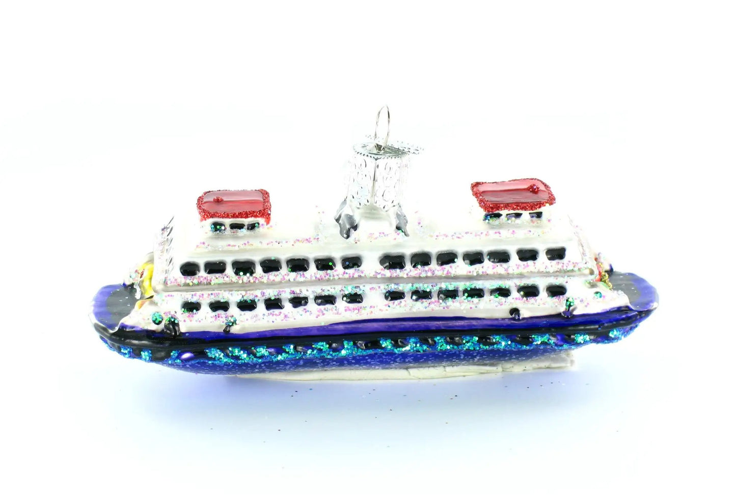Ferry Boat Glass Ornament with red-roofed cabins and glitter accents on a glittery blue base on Tampa Home & Garden Store