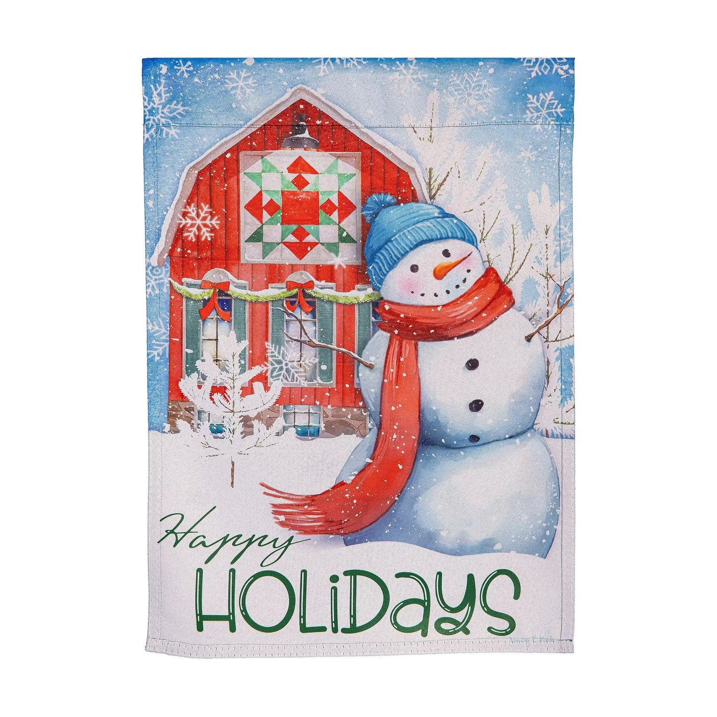 Festive Farm Snowman Suede Garden Flag by Evergreen Enterprises with blue hat and red scarf on Tampa Home & Garden Store