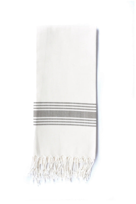 Figueres White Turkish Towel with Fringed Ends white towel with gray border tassel fringe on Tampa Home & Garden Store