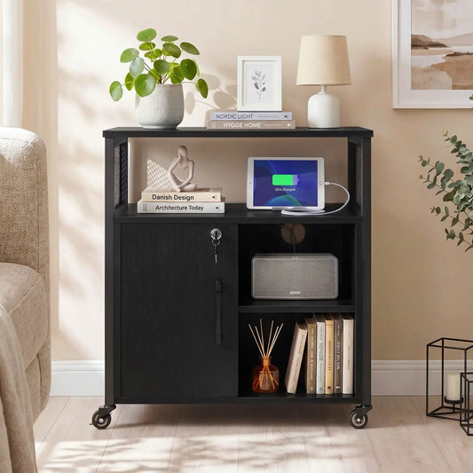 Mobile file cabinet DirectDeals on wheels with charging station; top decor plant and lamp on Tampa Home & Garden Store