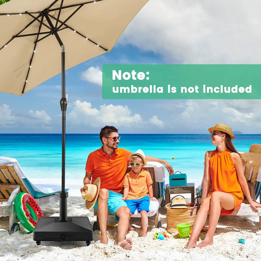 Fillable umbrella base stand with lockable wheels, black base and tall pole on a sunny beach with a beige umbrella DirectDeals Outdoor Umbrella Bases on Tampa Home & Garden Store