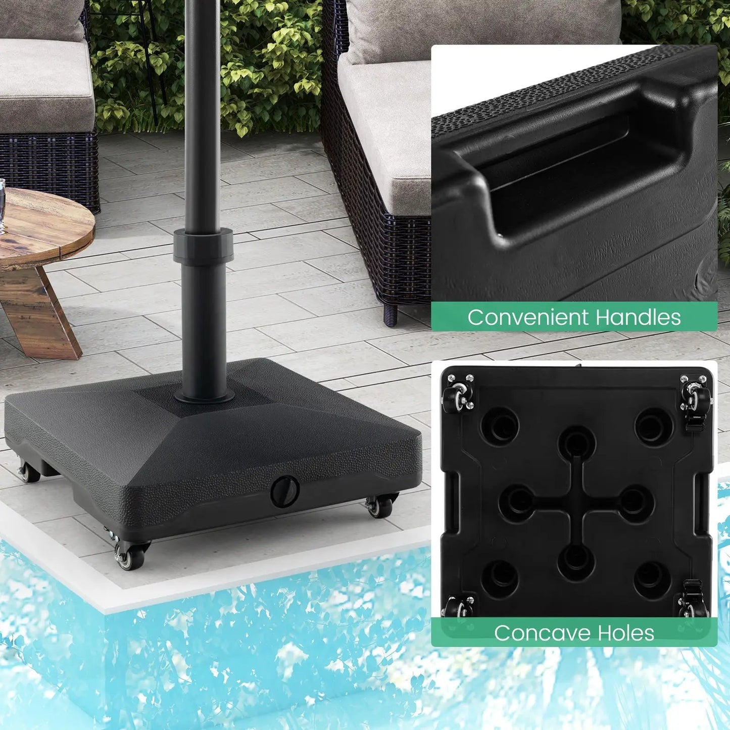 DirectDeals Fillable Umbrella Base Stand with lockable wheels and a black base for outdoors on Tampa Home & Garden Store