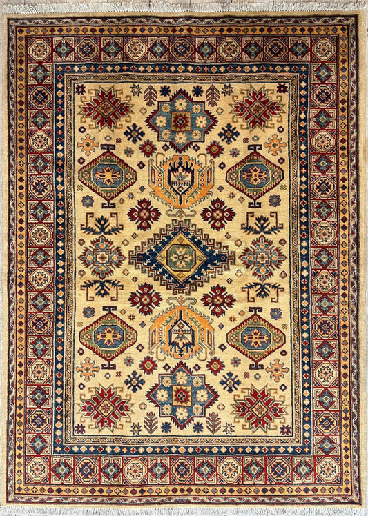 Fine Hand Knotted Afghani Kazak Rug 5 x 7 beige field with colorful medallions by Rugistan on Tampa Home & Garden Store