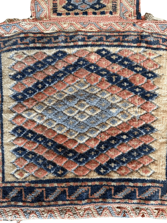 Fine Vintage Baluch Salt Bag Rug Handmade hand-knotted by Rugistan in navy, rust, beige on Tampa Home & Garden Store