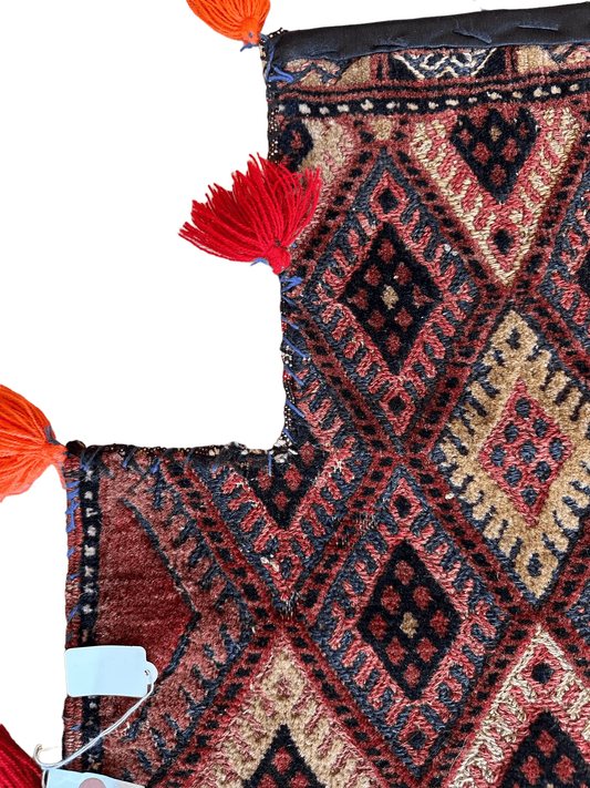 Vintage Baluch Salt Bag Rug hand knotted wool red navy beige pattern with orange tassels Rugistan on Tampa Home & Garden Store