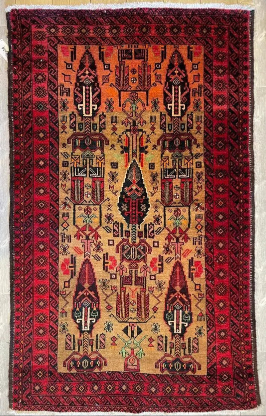 Fine Vintage Baluch Wool Rug 6x4 ft beige field with orange center and red border Rugistan on Tampa Home & Garden Store
