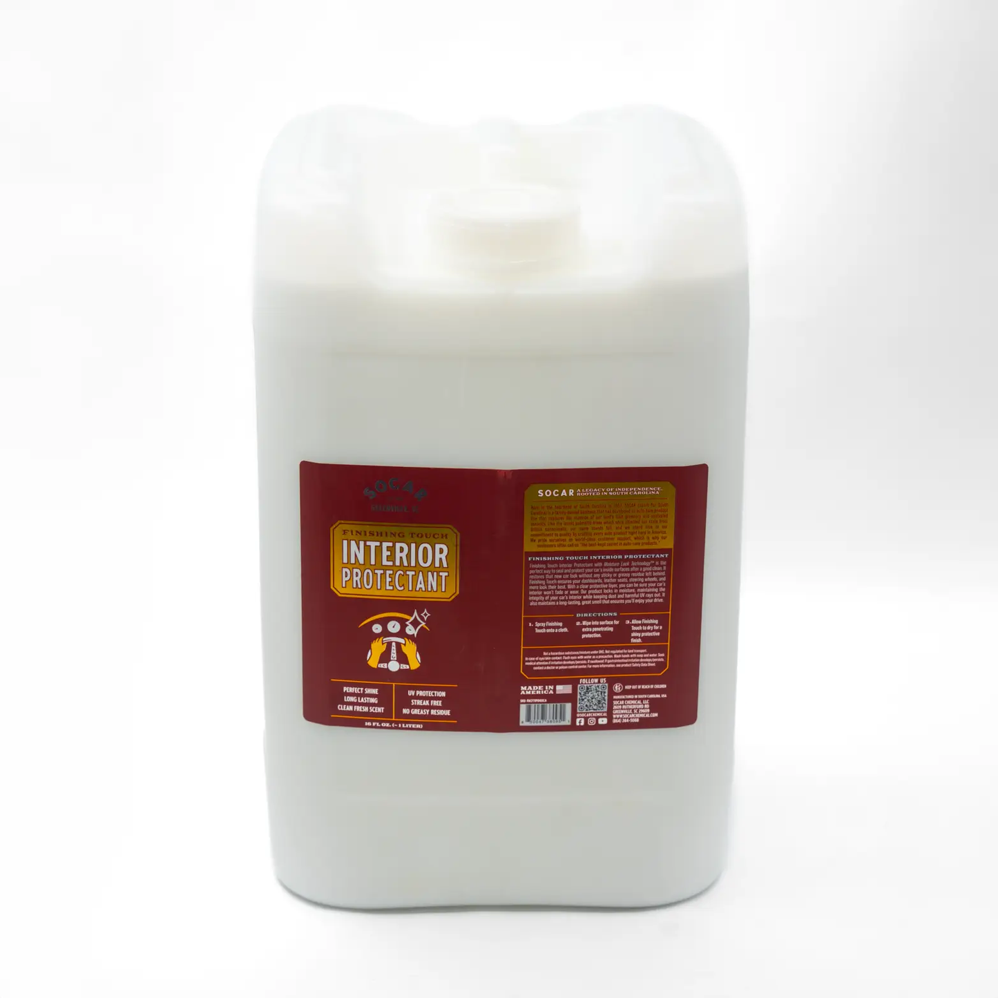 Finishing Touch Interior Protectant gallon jug with red label by Socar Chemical on Tampa Home & Garden Store
